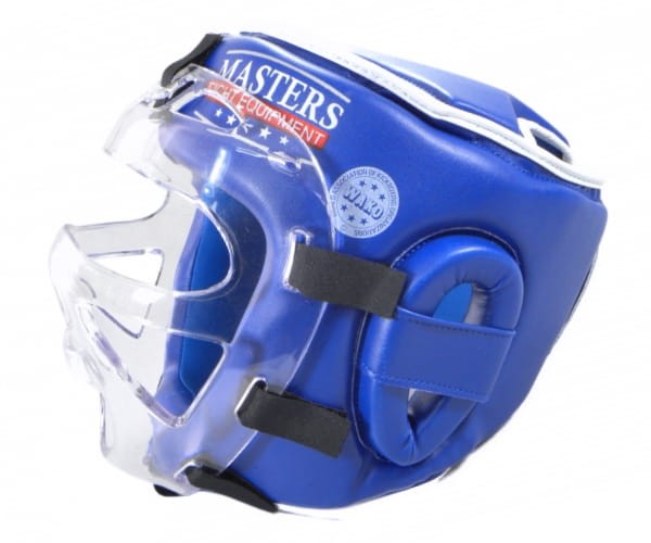 MASTERS Kask do Karate / Kickboxingu z Maską Kratką Plastikową Niebieski WAKO