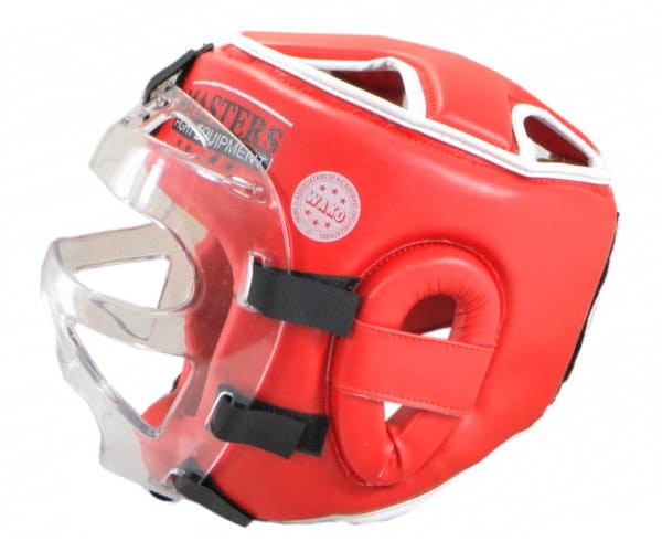 MASTERS Kask do Karate / Kickboxingu z Maską Kratką Plastikową Czerwony WAKO