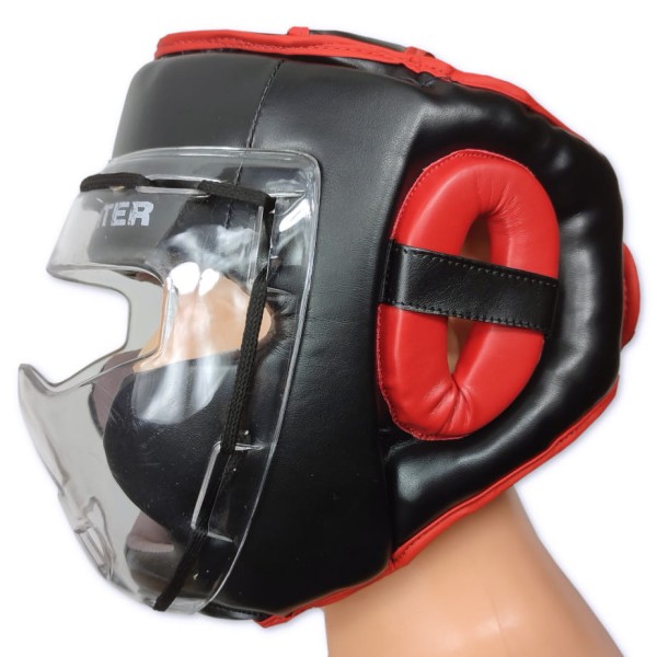 TOP FIGHTER Kask Karate / Krav Maga z Maską Kratką Plastikową Czarno-Czerwony